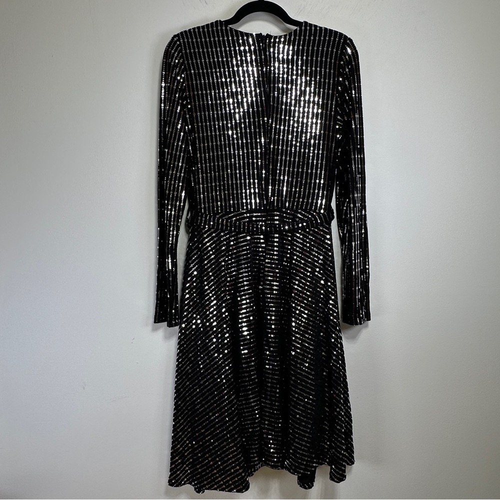 Black & Silver Embellished Faux Wrap Midi Dress Long Sleeve Shimmer Party Dress - Picture 7 of 14
